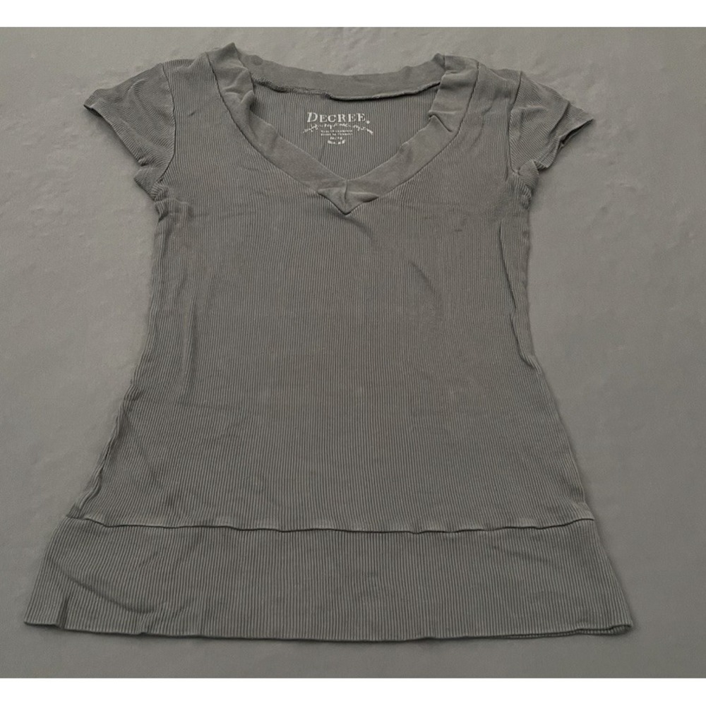 Decree Shirt Womens Medium Gray Stretchy Ribbed Slim Fit Short Sleeve Y2K - Picture 4 of 10